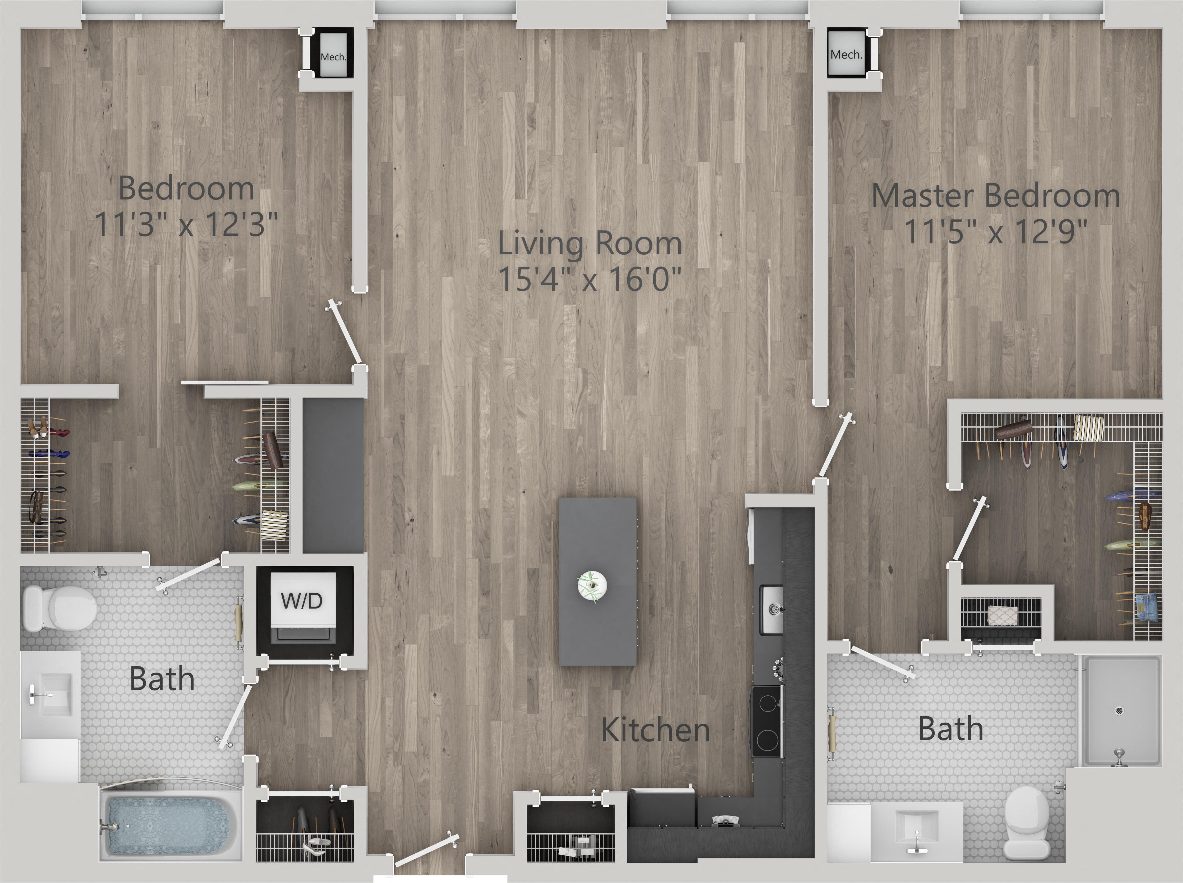 Floor plan for 2 beds, 2 baths, 1182 sqft